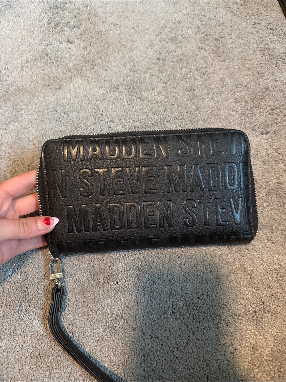 Steve Madden Black Embossed Zip Wallet with Wrist Strap